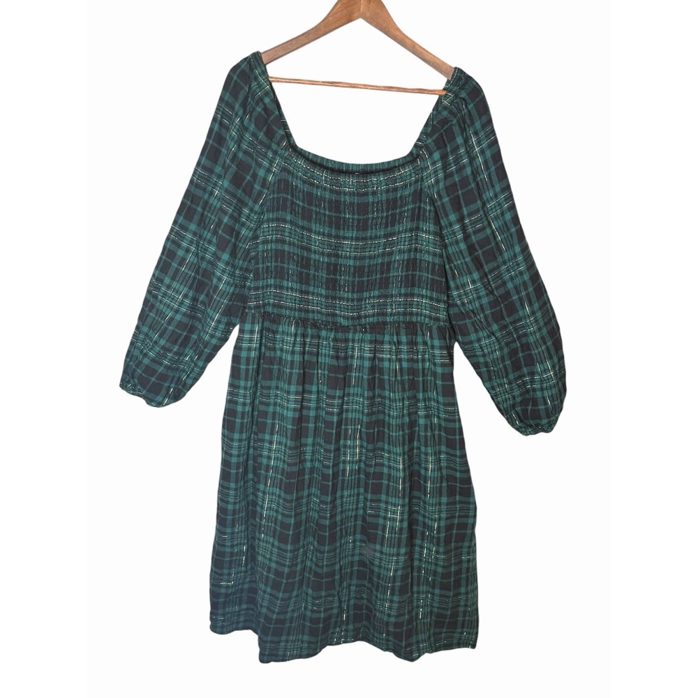 Lane Bryant Dress Women 22/24 Green Black Plaid Smocked Midi Pockets Cottagecore - Picture 2 of 9